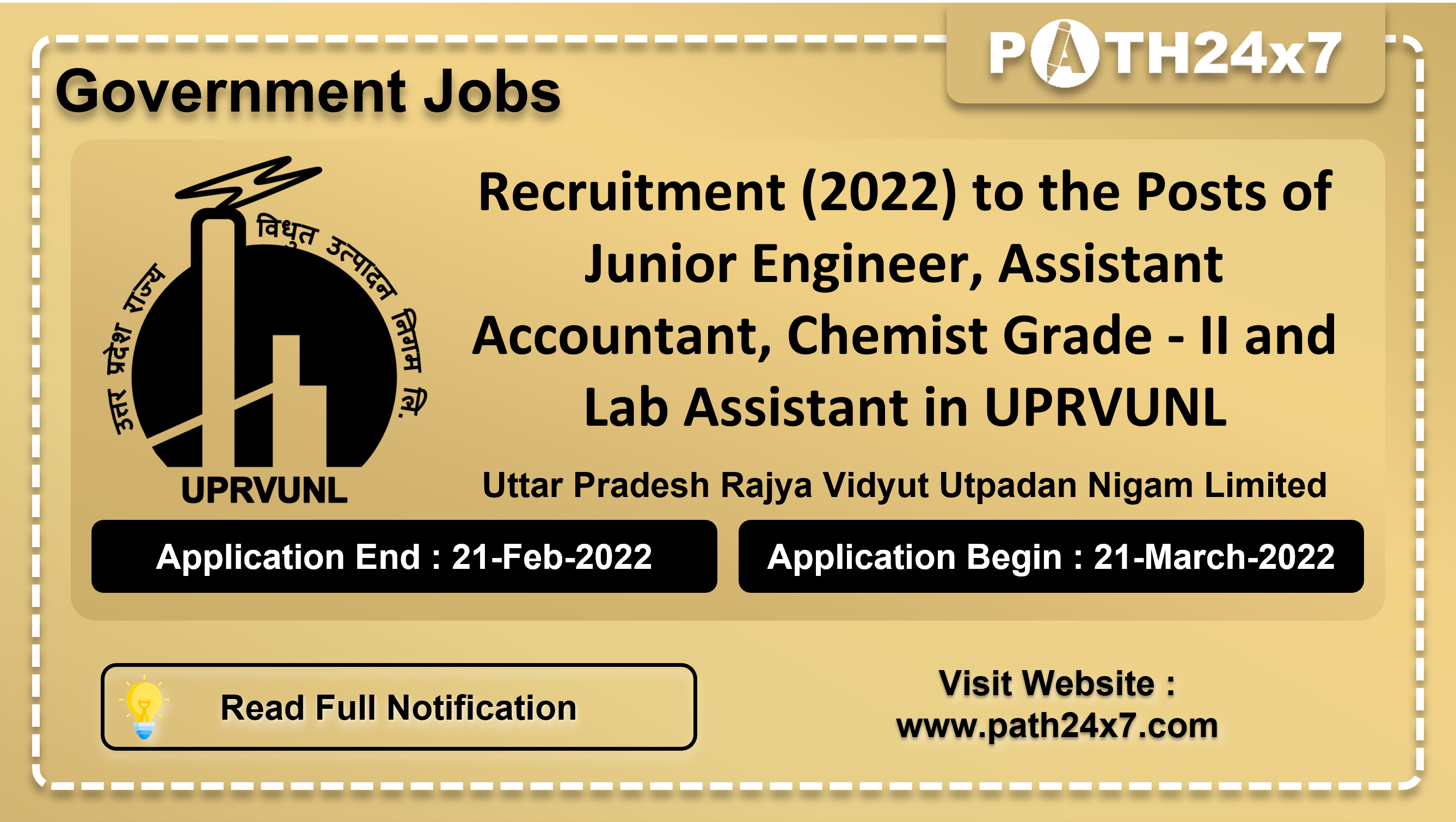 Recruitment (2022) to the Posts of Junior Engineer, Assistant Accountant, Chemist Grade - II and Lab Assistant in UPRVUNL, No. of Vacancies - 134, Important Dates, Application Fees, Age Limit, Educational Criteria, Physical Criteria, Vacancy Details, How to Apply By Online | Uttar Pradesh Rajya Vidyut Utpadan Nigam Limited